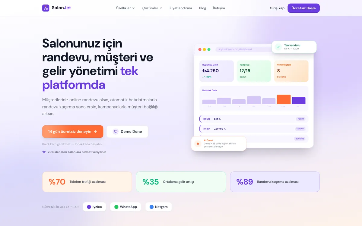 SalonJet kuaför ve salon yönetim yazılımı ana sayfası